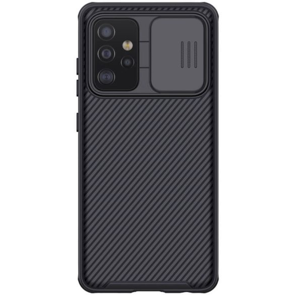 Samsung Galaxy A52 / A52 5G / A52s 5G SM-A525F / A526B / A528B, Műanyag hátlap + szilikon keret, közepesen ütésálló, kamera védelem, csíkos minta, Nillkin CamShield Pro, fekete