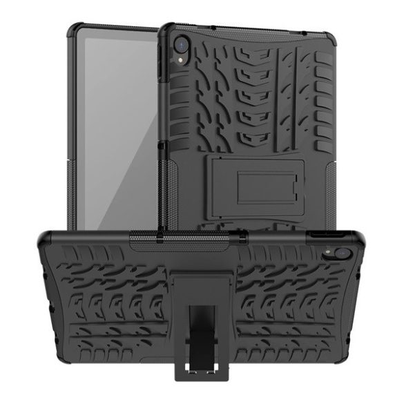 Lenovo Tab P11 (11.0) TB-J606F, Műanyag hátlap védőtok, Defender, kitámasztóval és szilikon belsővel, autógumi minta, fekete