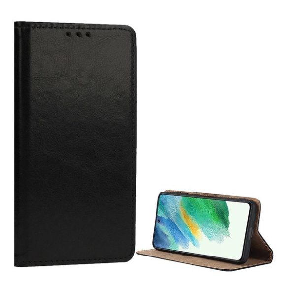 Samsung Galaxy A52 / A52 5G / A52s 5G SM-A525F / A526B / A528B, Oldalra nyíló tok, valódi bőrtok, stand, sima felület, fekete