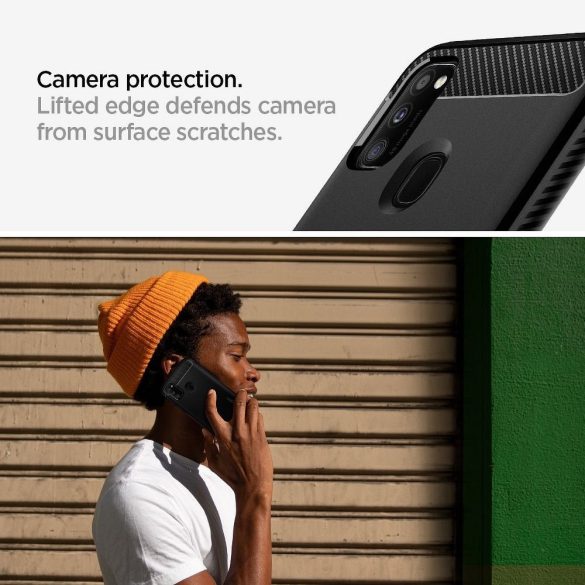 Xiaomi Redmi Note 10 / Note 10S / Poco M5s, Szilikon tok, Spigen Rugged Armor, karbon minta, fekete