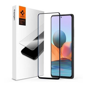 Xiaomi Redmi Note 10 Pro, Kijelzővédő fólia, ütésálló fólia (az íves részre is!), Tempered Glass (edzett üveg), 3D Full Cover, Spigen Glastr Slim Full Cover, fekete