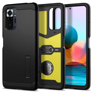 Xiaomi Redmi Note 10 Pro, Szilikon tok + műanyag hátlap, kitámasztóval, Spigen Tough Armor, fekete