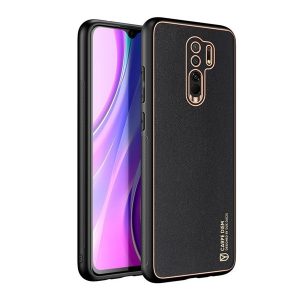 Xiaomi Redmi 9, Műanyag hátlap védőtok + szilikon fémhatású keret, közepesen ütésálló, bőrhatású hátlap, Dux Ducis Yolo, fekete