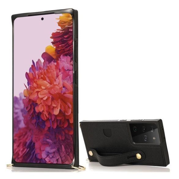 Samsung Galaxy S21 Ultra 5G SM-G998, Szilikon tok, közepesen ütésálló, stand, bőrhatású hátlap, vállpánttal, kézpánttal, fekete