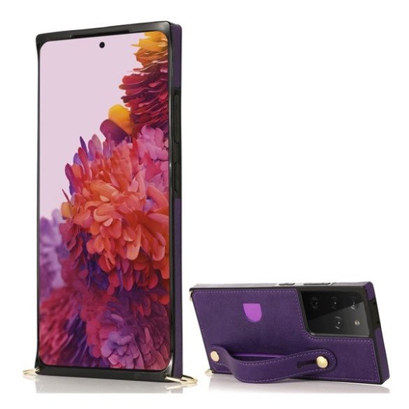 Samsung Galaxy S21 Ultra 5G SM-G998, Szilikon tok, közepesen ütésálló, stand, bőrhatású hátlap, vállpánttal, kézpánttal, lila