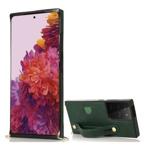 Samsung Galaxy S21 Ultra 5G SM-G998, Szilikon tok, közepesen ütésálló, stand, bőrhatású hátlap, vállpánttal, kézpánttal, sötétzöld