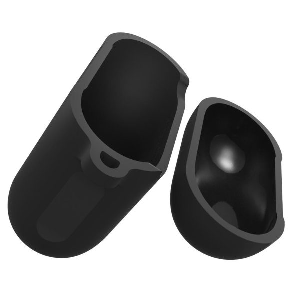 Bluetooth fülhallgató töltőtok tartó, szilikon, vezeték nélküli töltés támogatás, karabiner, Apple AirPods kompatibilis, Spigen Silicone Fit, fekete
