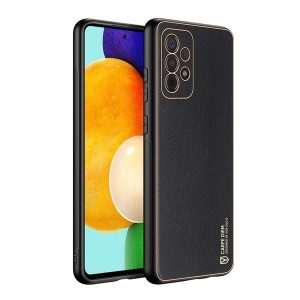 Samsung Galaxy A52 / A52 5G / A52s 5G SM-A525F / A526B / A528B, Műanyag hátlap védőtok + szilikon fémhatású keret, közepesen ütésálló, bőrhatású hátlap, Dux Ducis Yolo, fekete