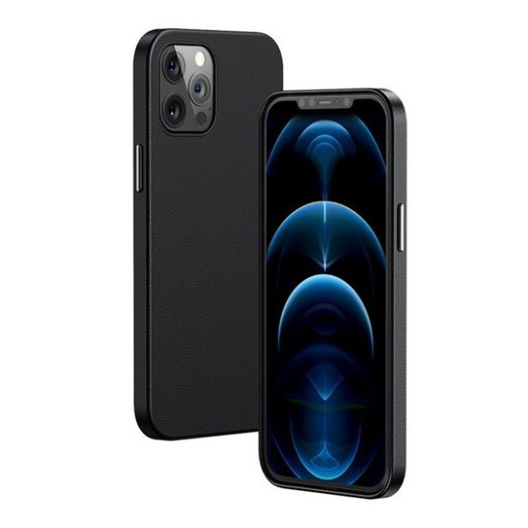 Apple iPhone 12 Pro Max, Szilikon tok, bőrhatású bevonat, MagSafe töltővel kompatibilis, Baseus Magnetic Leather, fekete