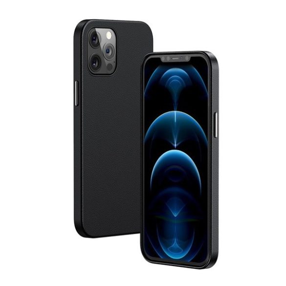 Apple iPhone 12 / 12 Pro, Szilikon tok, bőrhatású bevonat, MagSafe töltővel kompatibilis, Baseus Magnetic Leather, fekete