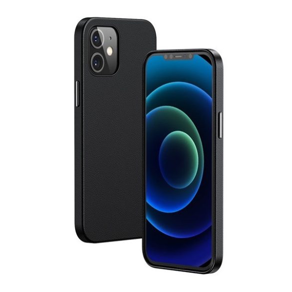 Apple iPhone 12 Mini, Szilikon tok, bőrhatású bevonat, MagSafe töltővel kompatibilis, Baseus Magnetic Leather, fekete