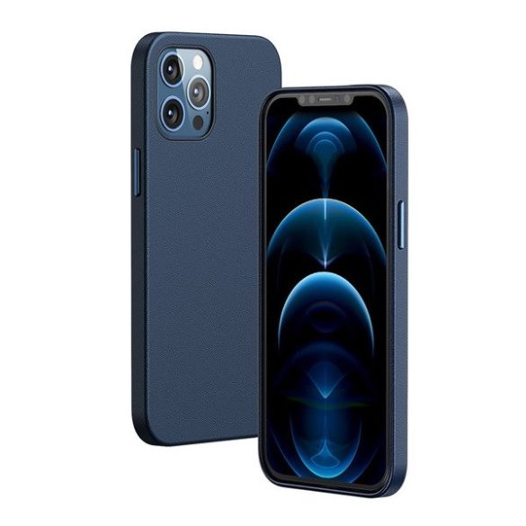 Apple iPhone 12 Pro Max, Szilikon tok, bőrhatású bevonat, MagSafe töltővel kompatibilis, Baseus Magnetic Leather, sötétkék