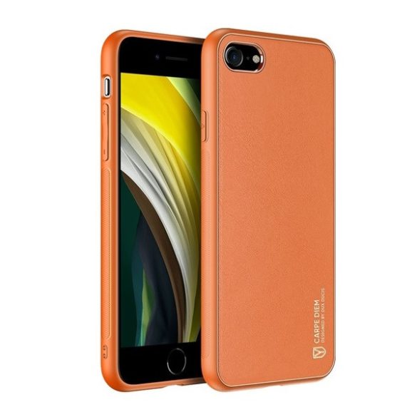 Apple iPhone 7 / 8 / SE (2020) / SE (2022), Műanyag hátlap védőtok + szilikon fémhatású keret, közepesen ütésálló, bőrhatású hátlap, Dux Ducis Yolo, narancssárga