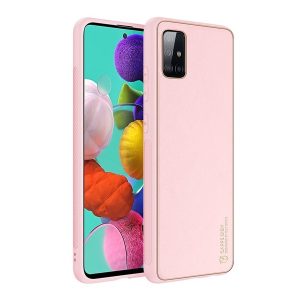 Samsung Galaxy A51 SM-A515F, Műanyag hátlap védőtok + szilikon fémhatású keret, közepesen ütésálló, bőrhatású hátlap, Dux Ducis Yolo, rózsaszín