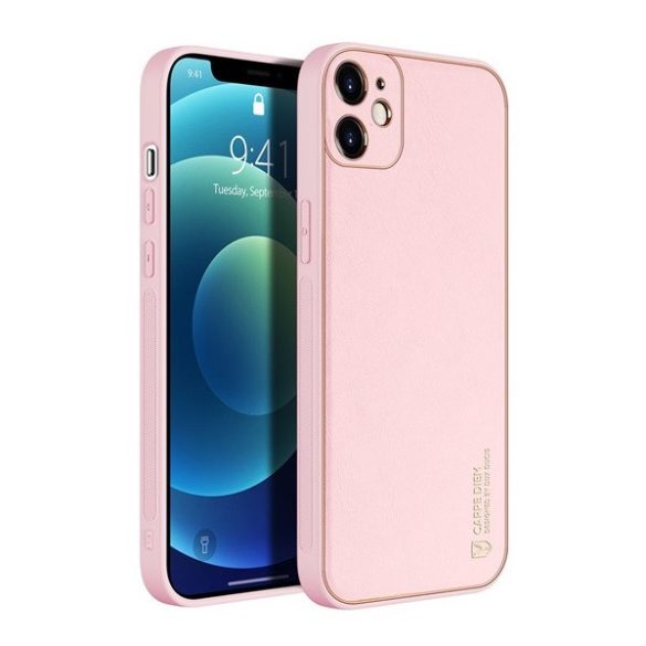 Apple iPhone 12 / 12 Pro, Műanyag hátlap védőtok + szilikon fémhatású keret, közepesen ütésálló, bőrhatású hátlap, Dux Ducis Yolo, rózsaszín