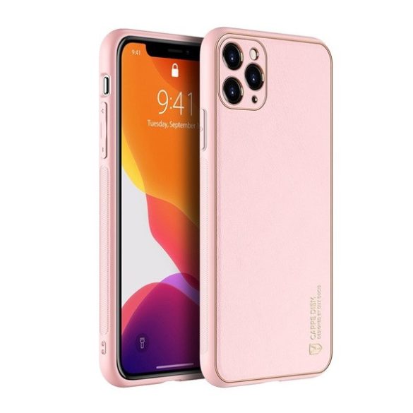 Apple iPhone 11 Pro, Műanyag hátlap védőtok + szilikon fémhatású keret, közepesen ütésálló, bőrhatású hátlap, Dux Ducis Yolo, rózsaszín