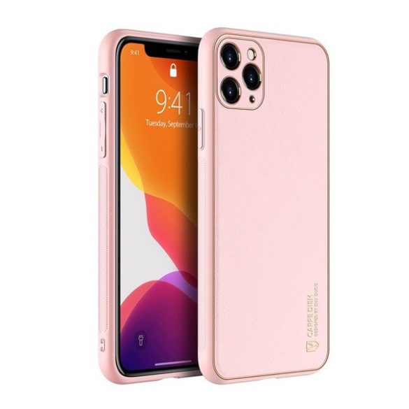 Apple iPhone 11 Pro Max, Műanyag hátlap védőtok + szilikon fémhatású keret, közepesen ütésálló, bőrhatású hátlap, Dux Ducis Yolo, rózsaszín