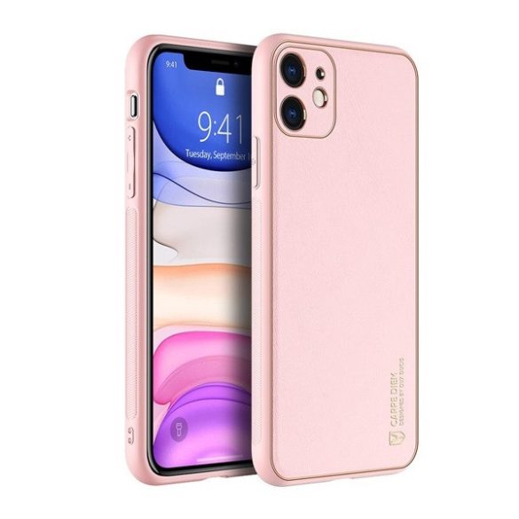 Apple iPhone 11, Műanyag hátlap védőtok + szilikon fémhatású keret, közepesen ütésálló, bőrhatású hátlap, Dux Ducis Yolo, rózsaszín