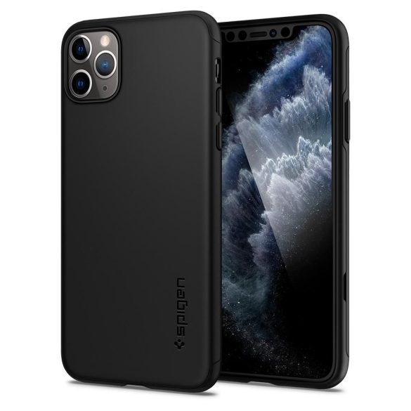 Apple iPhone 11 Pro Max, Műanyag hátlap védőtok (elő- és hátlapi) + Tempered Glass (edzett üveg), Spigen Thin Fit 360, fekete