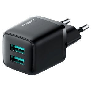 Hálózati töltő adapter, 12W, 2 x USB aljzat, gyorstöltés, Joyroom Mini Dual, L-2A121, fekete