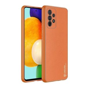 Samsung Galaxy A52 / A52 5G / A52s 5G SM-A525F / A526B / A528B, Műanyag hátlap védőtok + szilikon fémhatású keret, közepesen ütésálló, bőrhatású hátlap, Dux Ducis Yolo, narancssárga