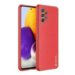   Samsung Galaxy A72 / A72 5G SM-A725F / A726B, Műanyag hátlap védőtok + szilikon fémhatású keret, közepesen ütésálló, bőrhatású hátlap, Dux Ducis Yolo, piros