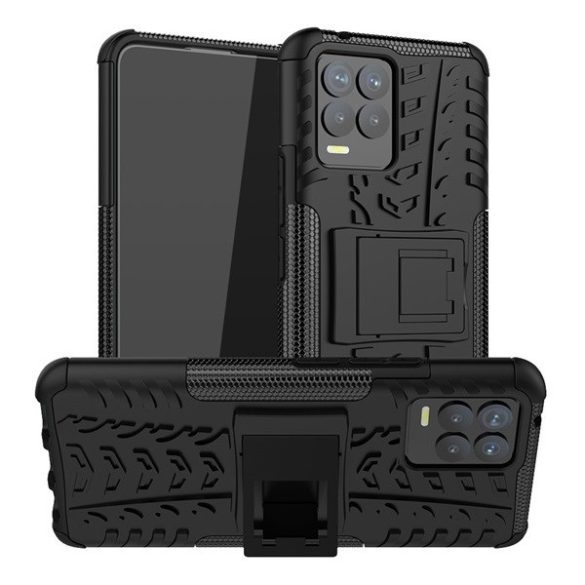 Realme 8 / 8 Pro, Műanyag hátlap védőtok, Defender, kitámasztóval és szilikon belsővel, autógumi minta, fekete