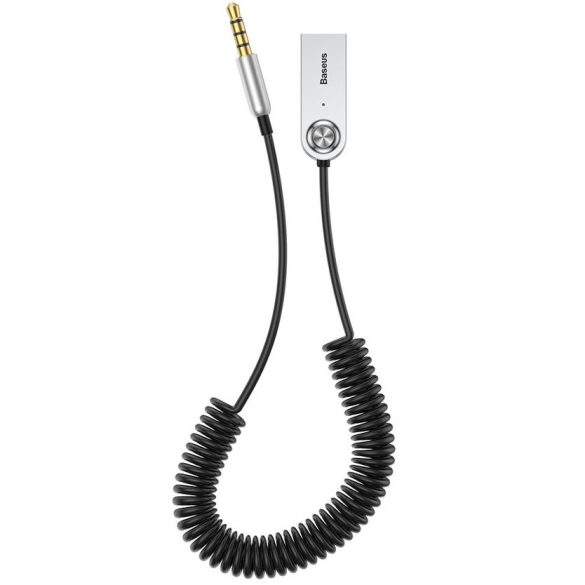 Bluetooth audió adapter kábel, v5.0, 3.5 mm jack csatlakozó, USB csatlakozó, mikrofon, Kihangosított hívás támogatás, spirál kábellel, Baseus BA01, fekete