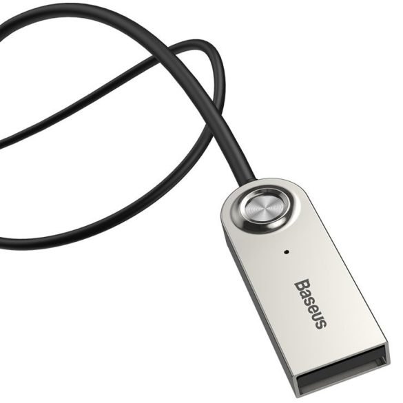 Bluetooth audió adapter kábel, v5.0, 3.5 mm jack csatlakozó, USB csatlakozó, mikrofon, Kihangosított hívás támogatás, spirál kábellel, Baseus BA01, fekete