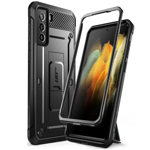 Samsung Galaxy S21 Plus 5G SM-G996, Műanyag hátlap védőtok, közepesen ütésálló, telefontartó gyűrű, kitámasztóval, övre fűzhető, SupCase Unicorn Beetle Pro, fekete