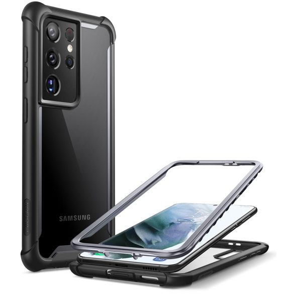 Samsung Galaxy S21 Ultra 5G SM-G998, Műanyag hátlap védőtok (elő- és hátlapi), közepesen ütésálló, SupCase IBLSN, átlátszó/fekete