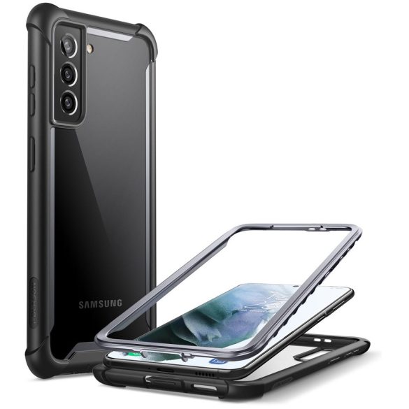 Samsung Galaxy S21 Plus 5G SM-G996, Műanyag hátlap védőtok (elő- és hátlapi), közepesen ütésálló, SupCase IBLSN, átlátszó/fekete