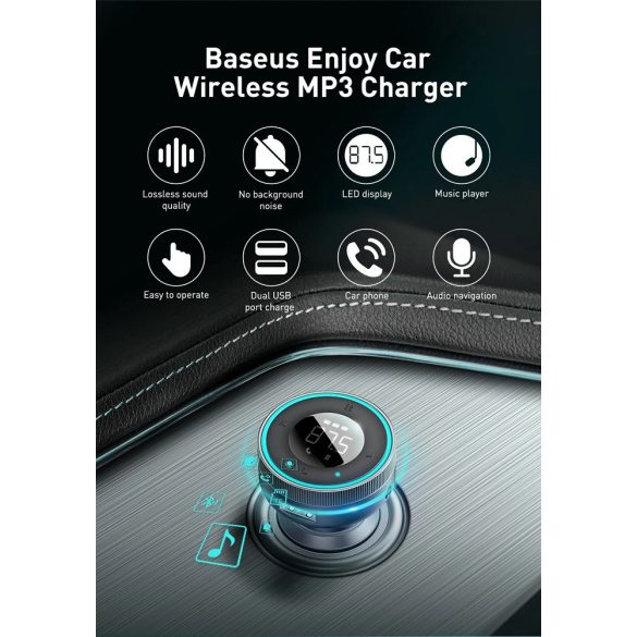 Autós töltő, Szivargyújtós töltő, + FM transzmitter, 2 x USB aljzat, v5.0, 17W, TF kártya olvasó, AUX csatlakozó, zajszűrővel, LED kijelzővel, gyorstöltés, Baseus Enjoy Car CCLH-01, fekete