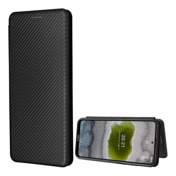 Nokia X10 / X20, Oldalra nyíló tok, karbon minta, fekete