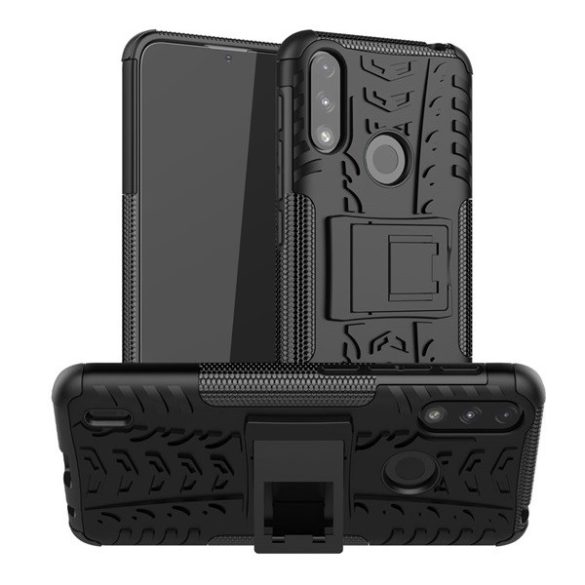 Motorola Moto E7 Power / E7i Power, Műanyag hátlap védőtok, Defender, kitámasztóval és szilikon belsővel, autógumi minta, fekete