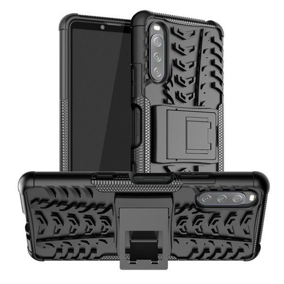 Sony Xperia 10 III / 10 III Lite, Műanyag hátlap védőtok, Defender, kitámasztóval és szilikon belsővel, autógumi minta, fekete