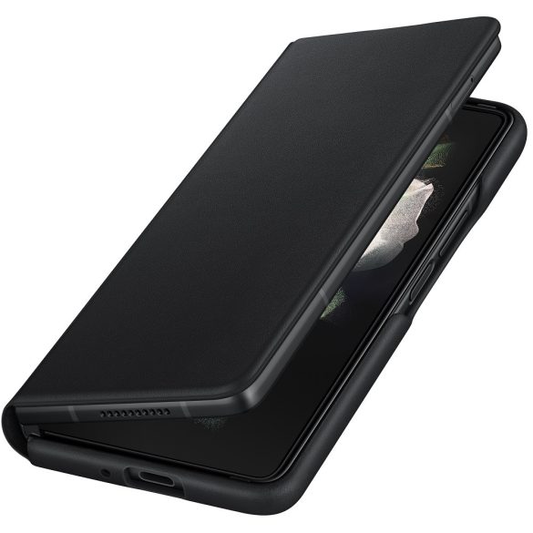 Samsung Galaxy Z Fold3 5G SM-F926B, Oldalra nyíló tok, bőr hátlap, stand, kézpánttal, fekete, gyári