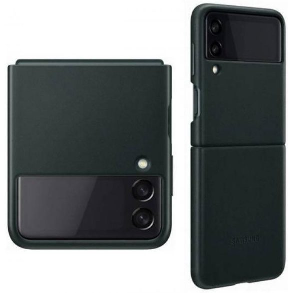 Samsung Galaxy Z Flip3 5G SM-F711B, Műanyag hátlap védőtok, bőr hátlap, fekete, gyári