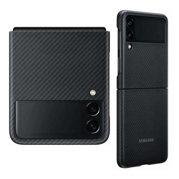 Samsung Galaxy Z Flip3 5G SM-F711B, Műanyag hátlap védőtok, Aramid - Kevlár bevonat, karbon minta, fekete, gyári
