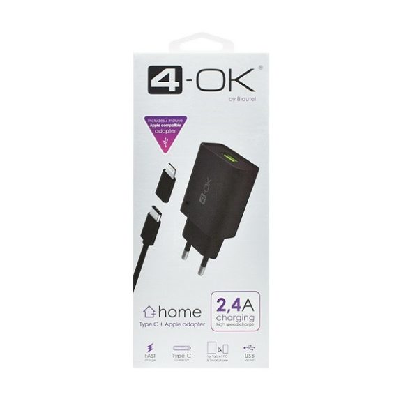 Hálózati töltő adapter, 12W, USB aljzat, USB Type-C kábellel, Lightning adapter, gyorstöltés, Blautel 4-OK, fekete