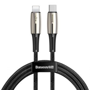 USB Type-C töltő- és adatkábel, Lightning, 130 cm, 3000 mA, 18W, törésgátlóval, gyorstöltés, PD, QC 3.0, Baseus Waterdrop, CATLRD-01, fekete