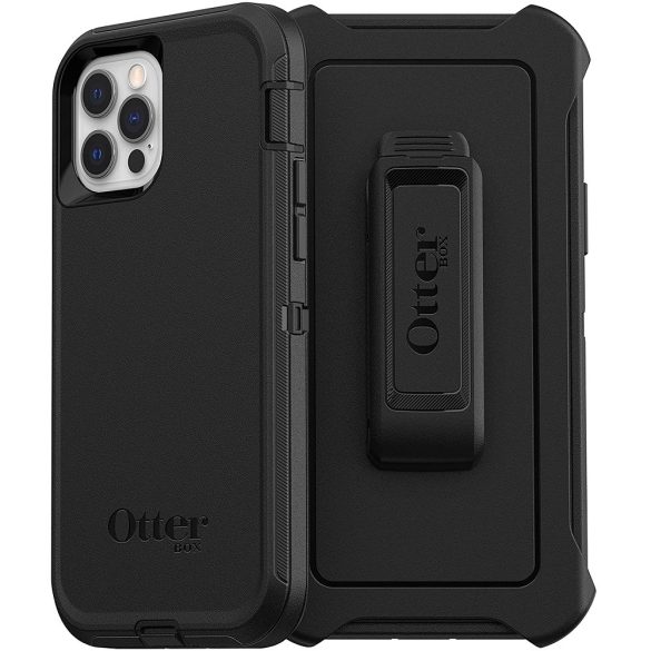 Apple iPhone 12 / 12 Pro, Műanyag hátlap védőtok, szilikon belső, közepesen ütésálló, övcsipesszel, kitámasztóval, Otterbox Defender, fekete