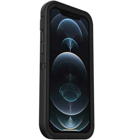 Apple iPhone 12 / 12 Pro, Műanyag hátlap védőtok, szilikon belső, közepesen ütésálló, övcsipesszel, kitámasztóval, Otterbox Defender, fekete