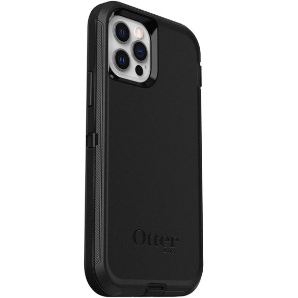 Apple iPhone 12 / 12 Pro, Műanyag hátlap védőtok, szilikon belső, közepesen ütésálló, övcsipesszel, kitámasztóval, Otterbox Defender, fekete