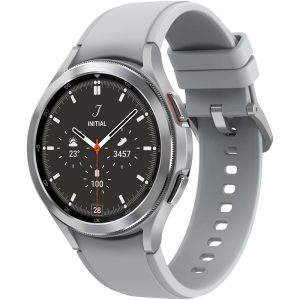 Bluetooth okosóra, szilikon szíj, rozsdamentes acél keret, v5.0, aktivitás és egészség mérő, vízálló, hangszóró, Samsung Galaxy Watch 4 Classic (46mm) SM-R890, ezüst, gyári