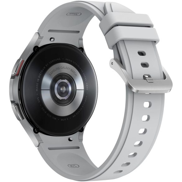 Bluetooth okosóra, szilikon szíj, rozsdamentes acél keret, v5.0, aktivitás és egészség mérő, vízálló, hangszóró, Samsung Galaxy Watch 4 Classic (46mm) SM-R890, ezüst, gyári