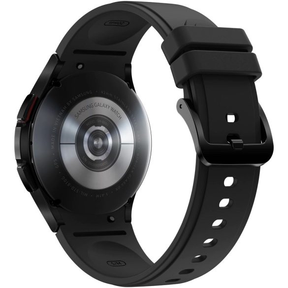 Bluetooth okosóra, szilikon szíj, rozsdamentes acél keret, v5.0, aktivitás és egészség mérő, vízálló, hangszóró, Samsung Galaxy Watch 4 Classic (42mm) SM-R880, fekete, gyári