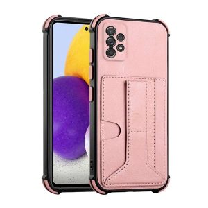 Samsung Galaxy A72 / A72 5G SM-A725F / A726B, Szilikon tok, közepesen ütésálló, stand, bőrhatású hátlap, kártyatartóval, kézpánttal, vörösarany