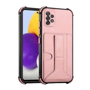 Samsung Galaxy A52 / A52 5G / A52s 5G SM-A525F / A526B / A528B, Szilikon tok, közepesen ütésálló, stand, bőrhatású hátlap, kártyatartóval, kézpánttal, vörösarany