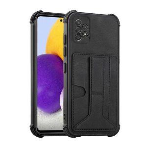 Samsung Galaxy A52 / A52 5G / A52s 5G SM-A525F / A526B / A528B, Szilikon tok, közepesen ütésálló, stand, bőrhatású hátlap, kártyatartóval, kézpánttal, fekete